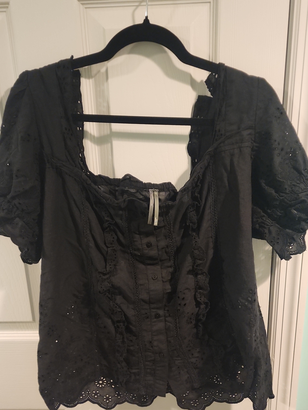 Anthropologie Black Eyelet Button-Front Puff Sleeve Blouse Large